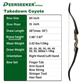 Deerseeker Outdoor 60" Takedown Recurve Bow Set for Adults & Youth Archery Handmade Traditional Bows with Right-Hand/Left-Hand Riser Laminated Limbs Hunting Practice Target Shooting 15-60lbs