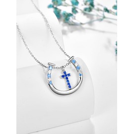 KINGWHYTE Horseshoe Necklaces for Women 925 Sterling Silver Faith Cross Pendant Necklaces Birthday Valentines Mother's Day Jewelry Gifts for Horse Lover, Sterling Silver, Cubic Zirconia