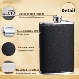 Fokoo Petaca de Acero Inoxidable de 8 OZ con Cuero Negro Elegante, Incluye 4 Tazas, 1 Embudo y 1 Bolsa, Perfecta para Fiestas y Regalos para Hombres