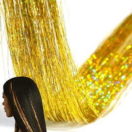 47 Inch Hair Tinsel 220 Silver Sparkling Highlights Synthetic Hair Streak BlingHighlights Glitter Extensions (gold)