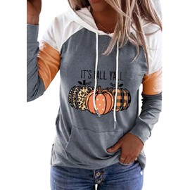 Leopard Plaid Pumpkin Kangaroo Pocket Hoodie Women Plaid Pumpkin Thanksgiving T-Shirt Color Block Fall Tshirts (Gray, Medium)
