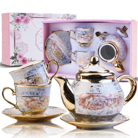 LUCYLANKER European Style Ceramic Tea Set, Includes 1 Teapot, 2 Tea Cups, 2 Tea Trays, Unique European Style Tea Set, Suitable for Tea Lovers and Families (Style 1)