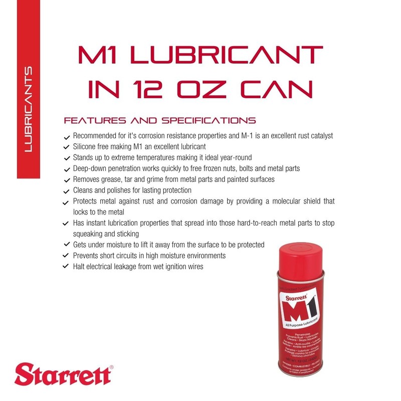Starrett M1 Industrial Quality All-Purpose Lubricant - Micro-Thin, Airtight Coating,