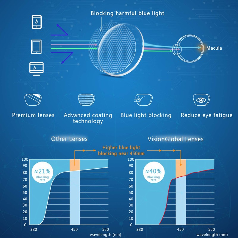 VisionGlobal 1 Pair Reading Glasses with Spring Hinge, Blue Light