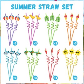 HealthSTEC 24 Sets Beach Theme Reusable Shape Straws End of School Year Gifts Bulk for Student End of The Year Cards and Reusable Drinking Straws Kit Perfect for Summer Vacation
