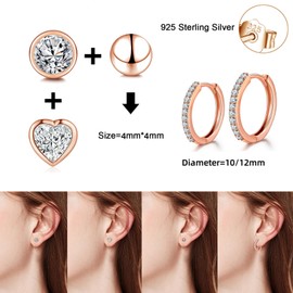 Ecripe 5 Pairs 925 Sterling Silver Small Earring Set for Women, 3 Pairs 14K Gold Mini Stud 2 Pairs Hoop Earrings with Cubic Zirconia, Hypoallergenic Cartilage Sleeper Earrings Set for Girls (Rosegld)