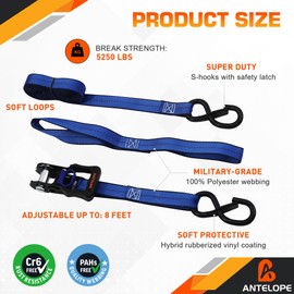 A ANTELOPE Ratchet Tie Strap Set of 4-5250 LBS Breaking Strength, 1.5" x 8' Ratchet Straps with 4 Soft Rings, Coated S-Hooks, and Soft Padded Handles for Secure Motorcycles, Trucks, Trailers (Blue)