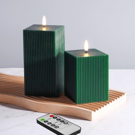 Girimax Dark Green Ribbed Flameless Candles with Remote, Battery Operated LED Square Candles Set of 2 Φ 3" H 4" 6"