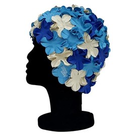 Blue Reef Isla Floral Ladies Classic Retro 3D Flower Petal 3 Colour Stylish Vintage Swimming Hat Swim Cap One Size Adults (Blue/Sky Blue/Off White)