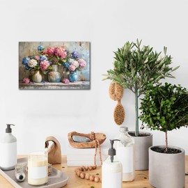 ANRUOXI - Rustic Flower Canvas Hydrangea Floral Wall Art, French Countryside Floral Bathroom Wall Art Decor, Colorful Hydrangea Flower Window Sill Life Picture Prints Artwork for Bedroom 12x18 Inch