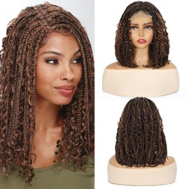 POSYTRESS Box Braided Bob Lace Front Wig for Black Women 14 Inch Goddess Box Braids Lace Wigs Synthetic Box Braiding Hair #30 Brown Color Bob Wigs for Women (#30)