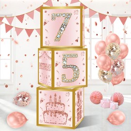 75th Birthday Decorations Boxes for Women - 3PCS Pink Rose Gold Happy 75th Birthday Balloons Boxes,Seventy Five Year Old Birth Theme Cardboard Box Decor