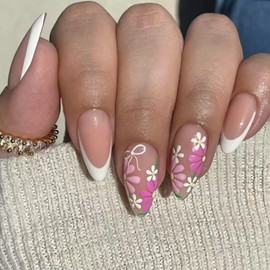 24Pcs Short Almond Press-On Nails Medium Pink Floral French Tip Glossy&Elegant Full Cover Fake Nails for Women&Girls Spring,Daily Wear