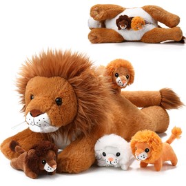 Honoson 5 Pcs Lion Plush Set Large Lion Stuffed Animal with 4 Cute Baby Lions in His Zippered Back Soft Cuddly Lion Plushie Boys Girls Birthday Favors Gifts Forest Party (Lying Lion,16.93 Inch)