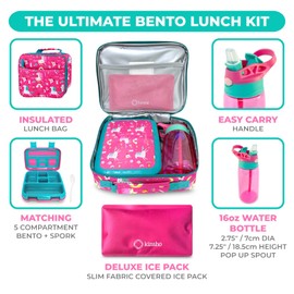 Bento Lunch Box with Insulated Bag, Water Bottle Ice Pack Set for Kids Toddlers, 5 Portion Sections, BPA Free Removable Tray, Pre-School Kid Toddler Daycare Lunches, Snack Container, Pink Unicorn