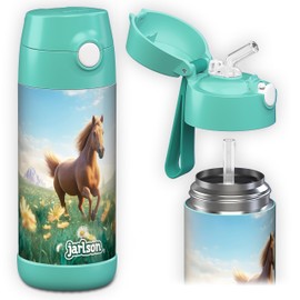 JARLSON® Charli Children's Stainless Steel Water Bottle with Straw - Thermos Flask 350 ml - TÜV Tested - BPA Free - Leak-Proof - Thermal Water Bottle for School, Nursery - Horse 2.0, 350 ml