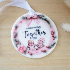 First Christmas Together 2024 Hanging Decoration. Blush Pink Gingerbread Wreath. White Ceramic Ornament for Family or Couple. Xmas Tree Keepsake Bauble