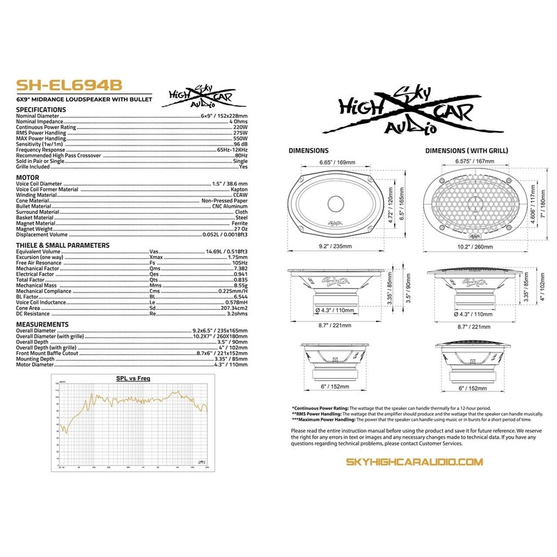 Sky High Car Audio SH-EL694B 6x9” Midrange Loudspeaker with Bullet