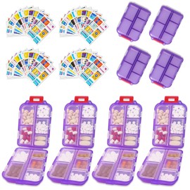 4PCS 7-Day Pill Organizer with Labels – Compact Daily Medication Case | Travel-Sized (3.7" x 2.4") Secure Lock | AM/PM Compartments | Includes 300+ Common Medicines Vitamins Health Product Sticker