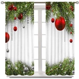 Merry Christmas Curtains Balls with Pine Fir Tree Holiday Season Classic Art Printed Living Room Bedroom Window Drapes Treatment Fabric 2Panels 52 (W) x 84(L) Inch Decor