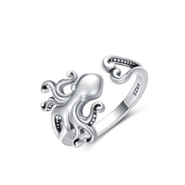 Octopus Ring S925 Sterling Silver New Pirate Octopus Tentacles Black Opening Ring Cute Sea Animal Jewelry for Women Men (8-8.5)