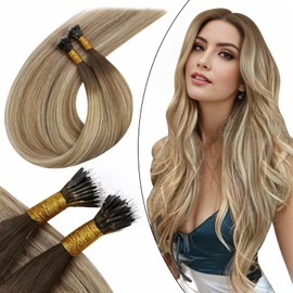 Ugeat Nano Bead Hair Extensions Human Hair Ombre Dark Brown 16inch Light Brown Mix Medium Blonde Nano Ring Extensions Human Hair Balayage for Women 50G 50S #3/8/22