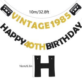 Happy 40th Birthday Banner, Glitter Black Gold Vintage 1985 Happy 40th Birthday Bunting 40 Birthdays Decorations Banner for Women Men