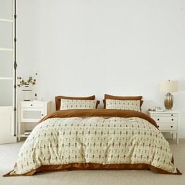 SUSYBAO Vintage Flower Duvet Cover Queen 100% Cotton Romantic Rose Floral Duvet Cover 3 Pieces Set 1 Brown Decor Hemmed Duvet Cover with Zipper Ties 2 Pillow Shams Soft Green Plant Print Bedding