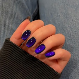 KQueenest Violet Blue Cat Eye Press on Nails Short, 30 Pcs Summer Press on Nails Coffin Shape, Sparkly Glitter Black Fake Nails Press on Short, Reusable Bling Soft Gel Glue on Nail for Women