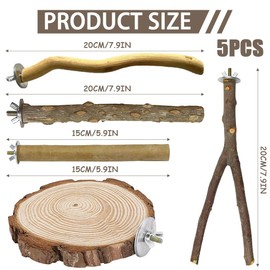 5 PCS Natural Wood Bird Perch Stand Wooden Parrot Perch Stand Bird Parrot Perches Bird Cage Accessories Wood Parrot Perch Bird Cage Branch for Parakeets Cockatiels (Log, Set of 5 B)