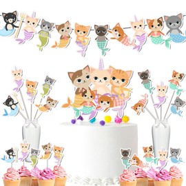 Mermaid Cat Party Decor Set - Whimsical Underwater Adventure Kit for Birthdays & Baby Showers, Includes Banners, Centerpieces, Cupcake Toppers