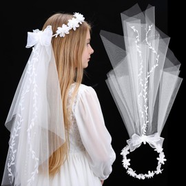 GEEHUA First Communion Headbands for Girls, White Flower Headband Veil Headpiece Floral Bridal Crown Bow Wedding Veils with Pearls Hair Wreath Accessories for Women Girls