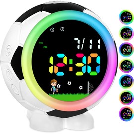 Ayybboo Football Kids Alarm Clock for Boys Girls,Children's Digital Alarm Clock with Snooze,8 RGB Night Lights,Double Alarms,12/24 Hours System,Back to School Presents for Kids 4-15