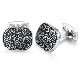 HONEY BEAR Men's Wedding Retro Pattern Carved Cufflinks Stainless Steel Cuff Links Silver with Black Reusable, Copper, No Gemstone
