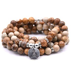 Natural 108 Mala Beads Bracelet Necklace Meditation Jewelry with Yoga Charm (Picture Jasper)