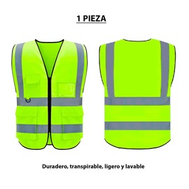 Chaleco de Seguridad Tiras Reflectantes y Cierre Bolsillo para Credencial Trabajo Industrial Brigadista Multiusos Alta Visibilidad Poliester (1, Verde, Extra Grande)