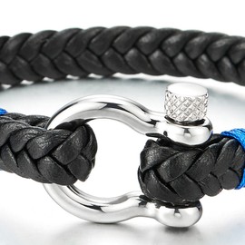 Steel Nautical Screw Anchor Shackle Black Leather Bracelet Red White Blue Cotton Cord, Men Women