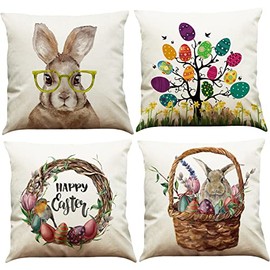 BINXWA Pack of 4 Easter Cushion Covers, Easter Decoration, Modern Cushion Cover, Cotton Linen Easter Eggs, Bunny Cushion Cover, 45 x 45 cm