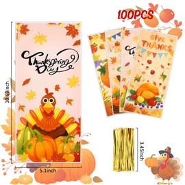 100 PCS Fall Treat Bags(5.1x10.6 Inch) with Ties Thankgiving Turkey Goodie Candy Gifts Bags Bulk Autumn Pouches for Thanksgiving Home Party Favors Supplies Decorations Friendsgiving Cellophane Bag