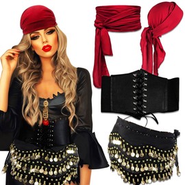 JeVenis Vintage Pirate Costume Accessories Set Pirate Headband Wrap Waist Belt Carnival Music Festival Outfit Dress Up Cos Accessories