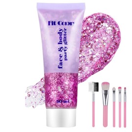 Huiguli Glitter Gel 50 ml, Body Glitter Gel for Face Hair Lips Nails, Chunky Glitter Gel Make Up with Brush Set, Shiny Glitter Body Gel for Festival, Make Up Glitter for Masquerade #Rose Red