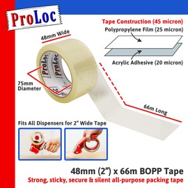 ProLoc Low Noise Packaging Tape - Pick Colour & Qty: 2 Rolls of Clear Tape (48mm x 66m) - Strong Packing Tape with Secure Seal & Silent Unwind - Sticky Parcel Tape for Packing Boxes & Moving House