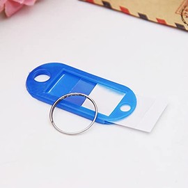 100 Pack Tough Plastic Key Tags with Label Window ID Luggage tag with Split Ring Key Ring Keychain Blue
