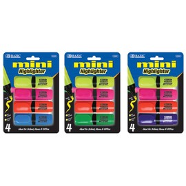 BAZIC Mini Desk Style Fluorescent Highlighters, 4 Per Pack