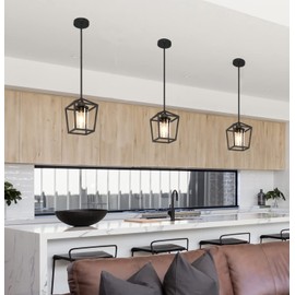 1 Pack Black Pendant Light Fixture Farmhouse Iron Cage Metal Pendant Light Lantern Hanging Light Fixtures with Clear Glass Shade for Kitchen Island, Dining Room, Hallway,Entryway