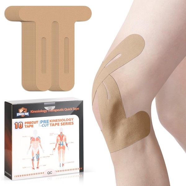 Knie Tape Vorgeschnitten, 10 Stück, Precut Kinesiotapes Hautfreundlich mit perfektem