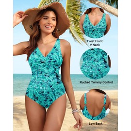 Holipick Green Paisley Women Tummy Control One Piece Swimsuit - Push Up Bathing Suit Full Coverage Slimming Swimwear L