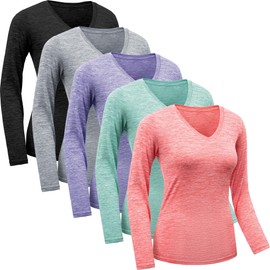 5 Pack Womens Long Sleeve Workout Tops Moisture Wicking Athletic Shirts Running Quick Dry V Neck T Shirts for Women