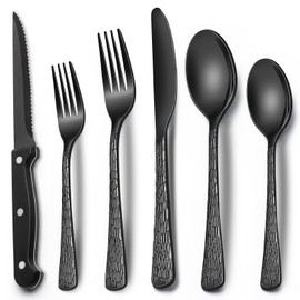 Black Hammered Silverware Set with Steak Knives, 24-Piece Stainless Steel Tree Pattern Flatware Set for 4, Food-Grade Tableware Cutlery Set, Utensil Sets for Home Restaurant, Mirror Finish