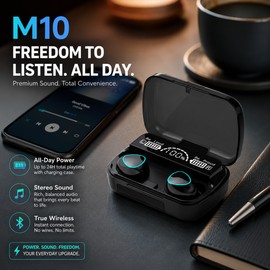 M10 Wireless Bluetooth Earbuds with LED Display Charging Case – HiFi Stereo Noise Cancelling Headphones for Gaming, Sports & Travel